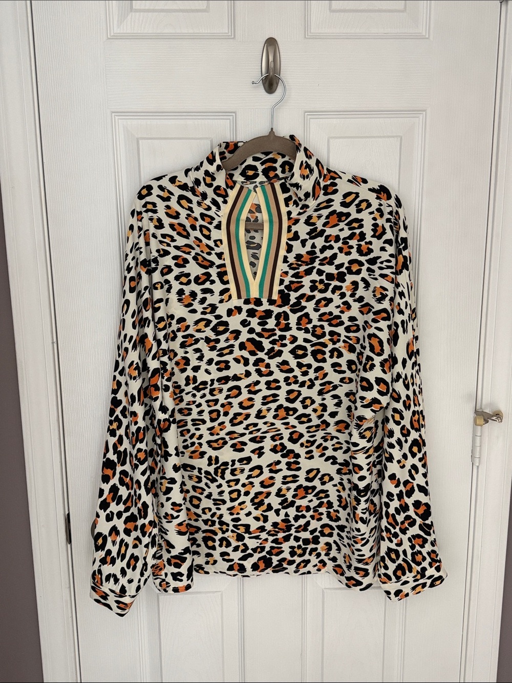 Charming Charlie Cream Leopard Print Long Sleeve Top with Multistripe V-Neck